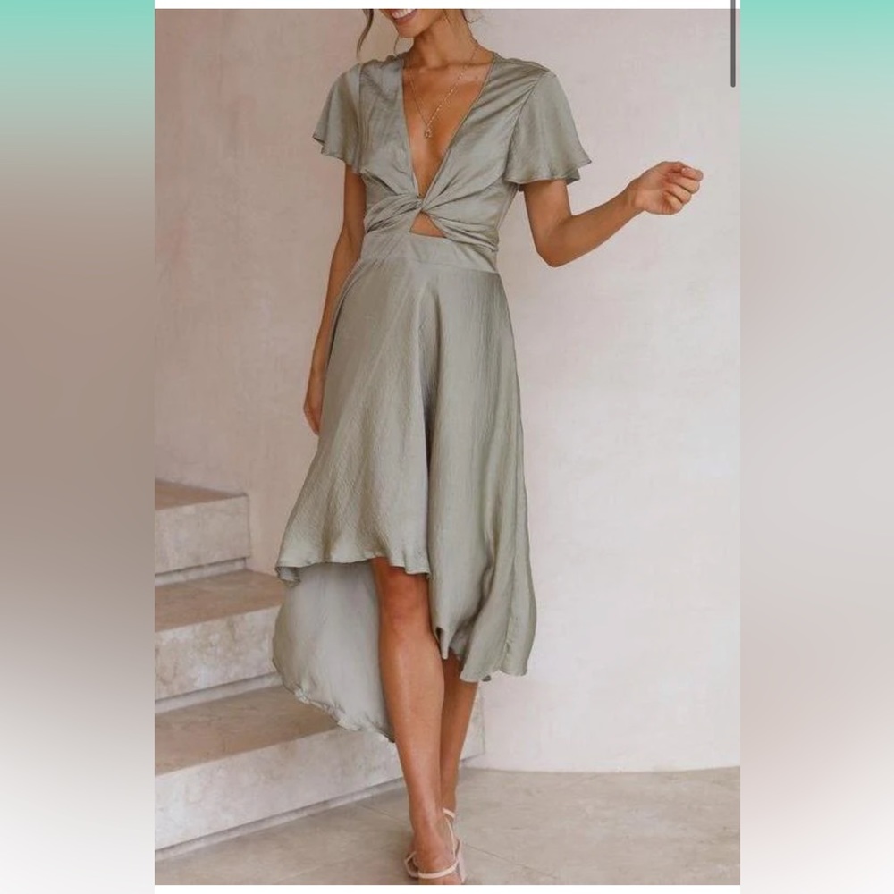 GlowyGal Solid Tie Front Cutout Asymmetrical Hem Satin Dress. Size Large.